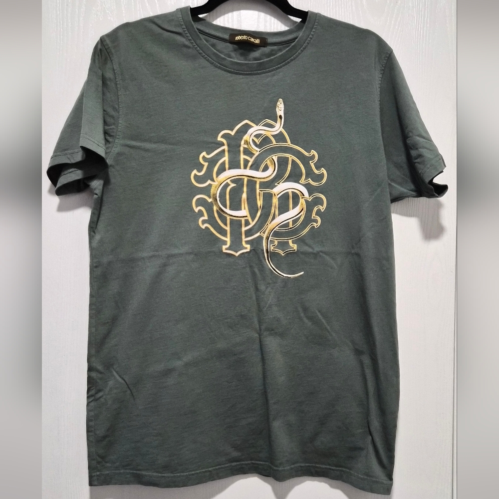 Roberto Cavalli Olive Green Snake Graphic Logo Short Sleeve T-Shirt Size L